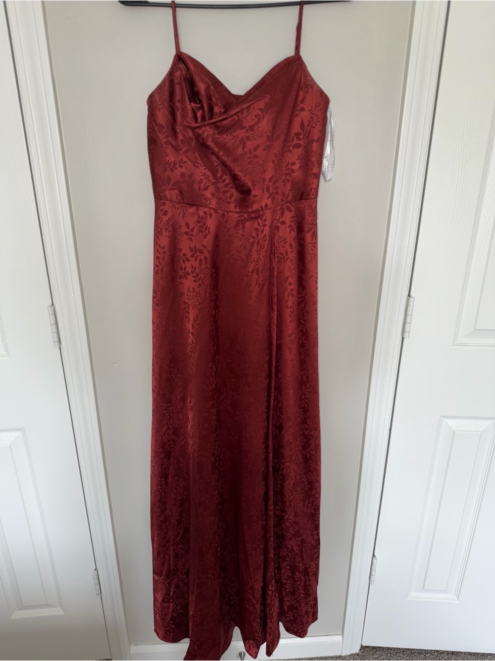 Satin Jacquard Cowl-Neck Slip Dress in Burgundy